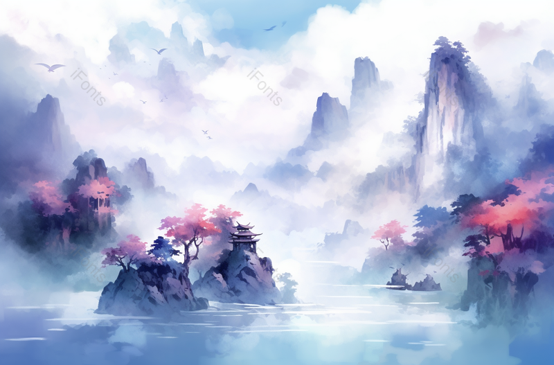 蓝色意境仙境水墨画插画,插画/手绘图,插画/手绘图库,插画/手绘图下载,插画/手绘